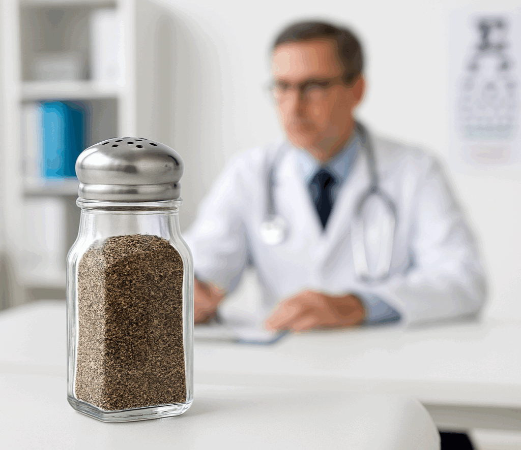 A flask of black pepper sitting in a clinic, prompting the question: what are the health hazards of pepper?