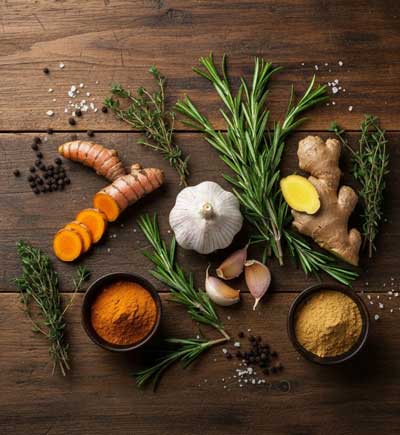 ginger, garlic, turmeric, rosemary, black pepper, thyme, culinary pairing tips for pepper 