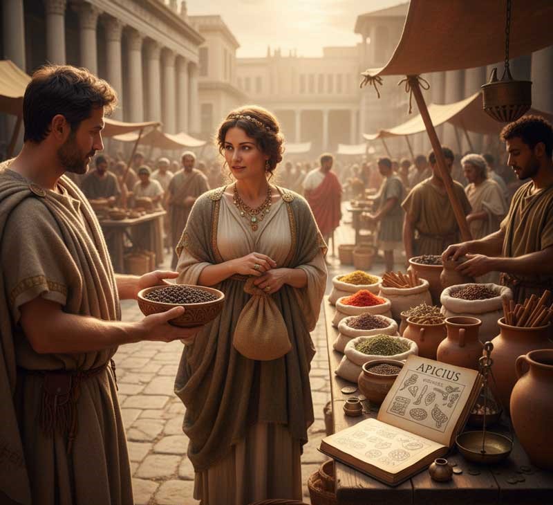 A woman in ancient Roman attire holds a coin purse while a man offers her a bowl of black peppercorns at a bustling market stall. Various colorful spices are displayed in sacks and pots on the wooden table, along with an open book titled "Apicius". Other Roman citizens and market stalls are visible in the background under a sunny sky.