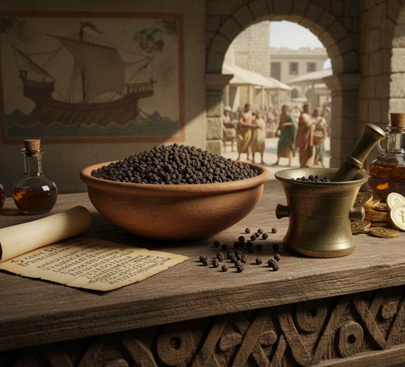 A close-up of a wooden table featuring a bowl overflowing with black peppercorns, a brass mortar and pestle, several gold coins, and small glass bottles. A rolled-up scroll with ancient writing lies nearby. In the background, a mural depicts a Roman ship, and through an archway, figures in Roman tunics are visible in a bustling marketplace.