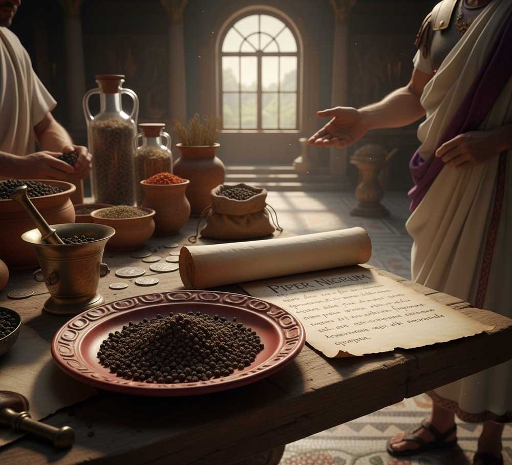 Historical depiction of black pepper as 'black gold' in Ancient Rome, with mounds of peppercorns, a mortar and pestle, and a merchant trading valuable spices.