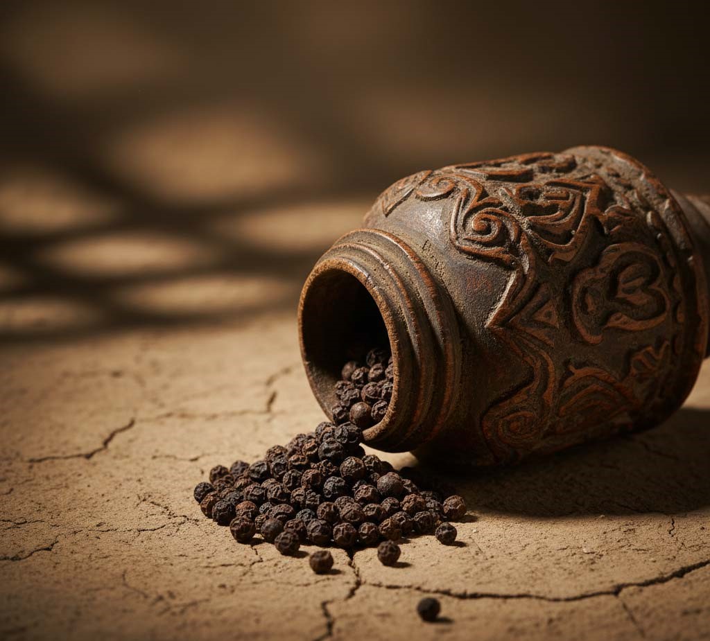 A richly carved, dark brown earthenware pot lies on its side on cracked, dry earth, with a spill of black pepper corns pouring out onto the ground. The background is softly lit with subtle shadows.