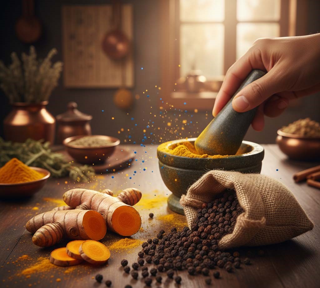 A hand grinds vibrant yellow turmeric in a dark mortar and pestle, with small specks of turmeric and black pepper dust visibly scattering. Fresh turmeric roots and slices, along with a small burlap sack of black pepper corns spilled onto a wooden table. A window and kitchen items are blurred in the background.