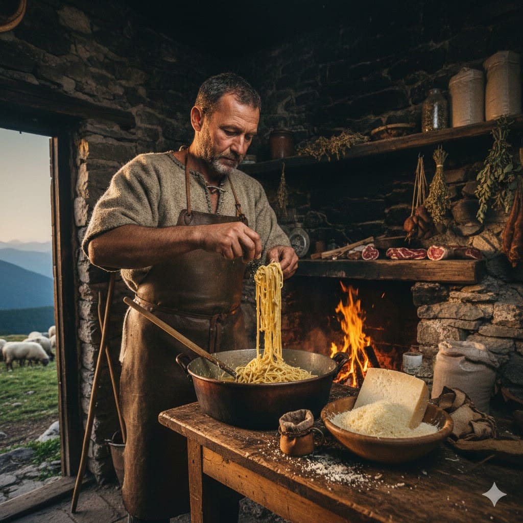 Shepherd Cooking Cacio e Pepe with Pecorino Cheese and Ancient Pepper