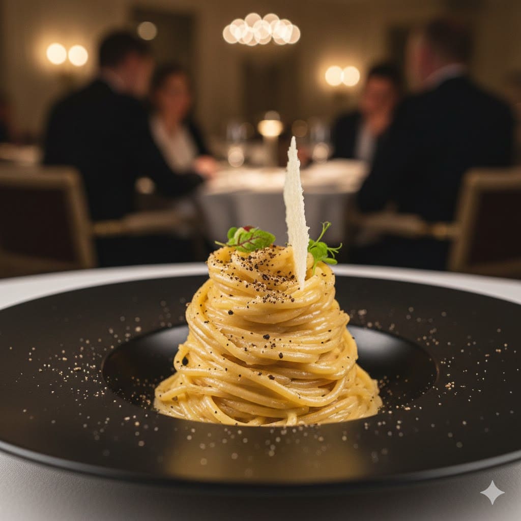 Elegant Cacio e Pepe pasta served artfully in a fine dining restaurant, garnished with Pecorino crisp and fresh herbs, perfect cream sauce.