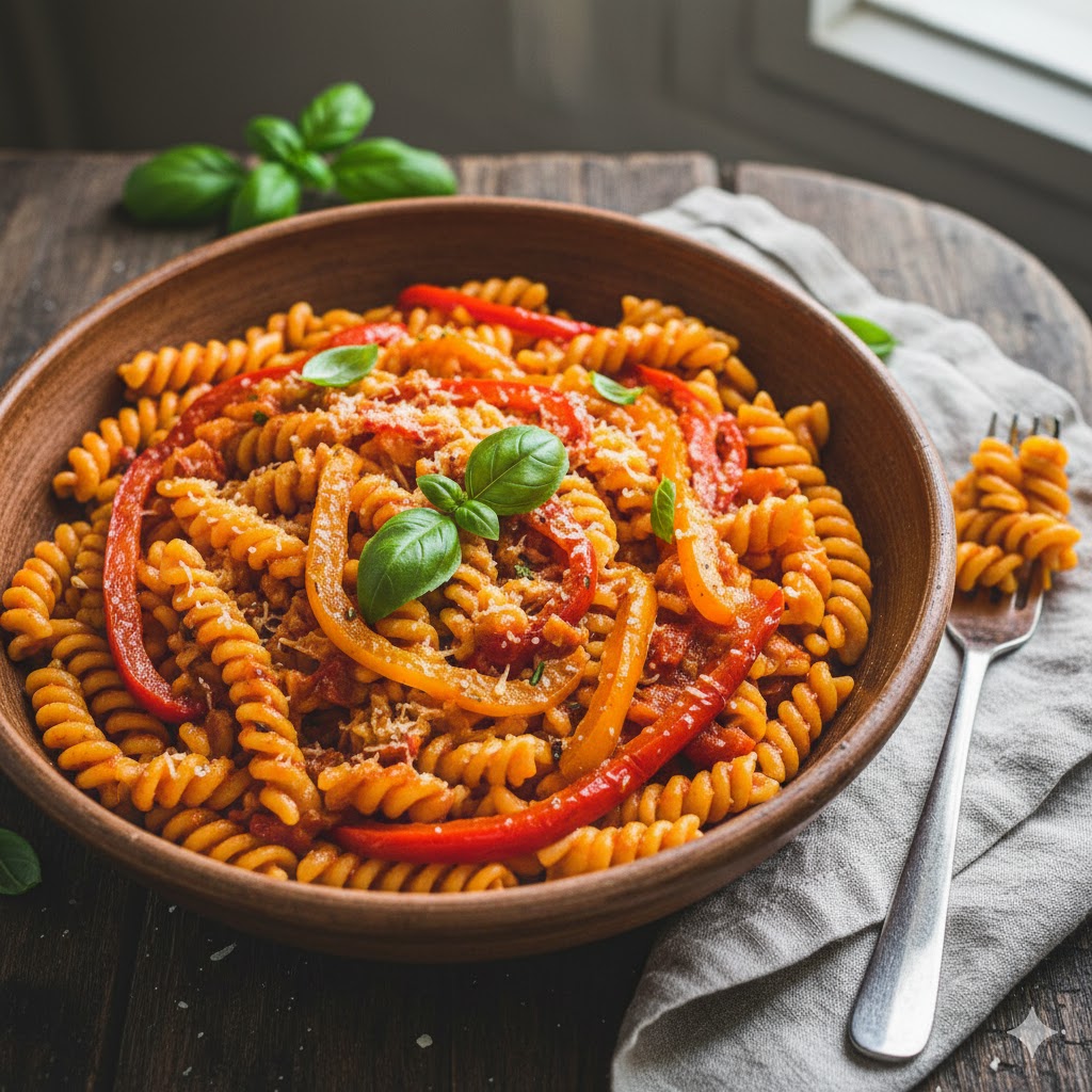 Top view of colorful pasta dish with red, yellow, and green peppers, perfect for Instagram food photography.