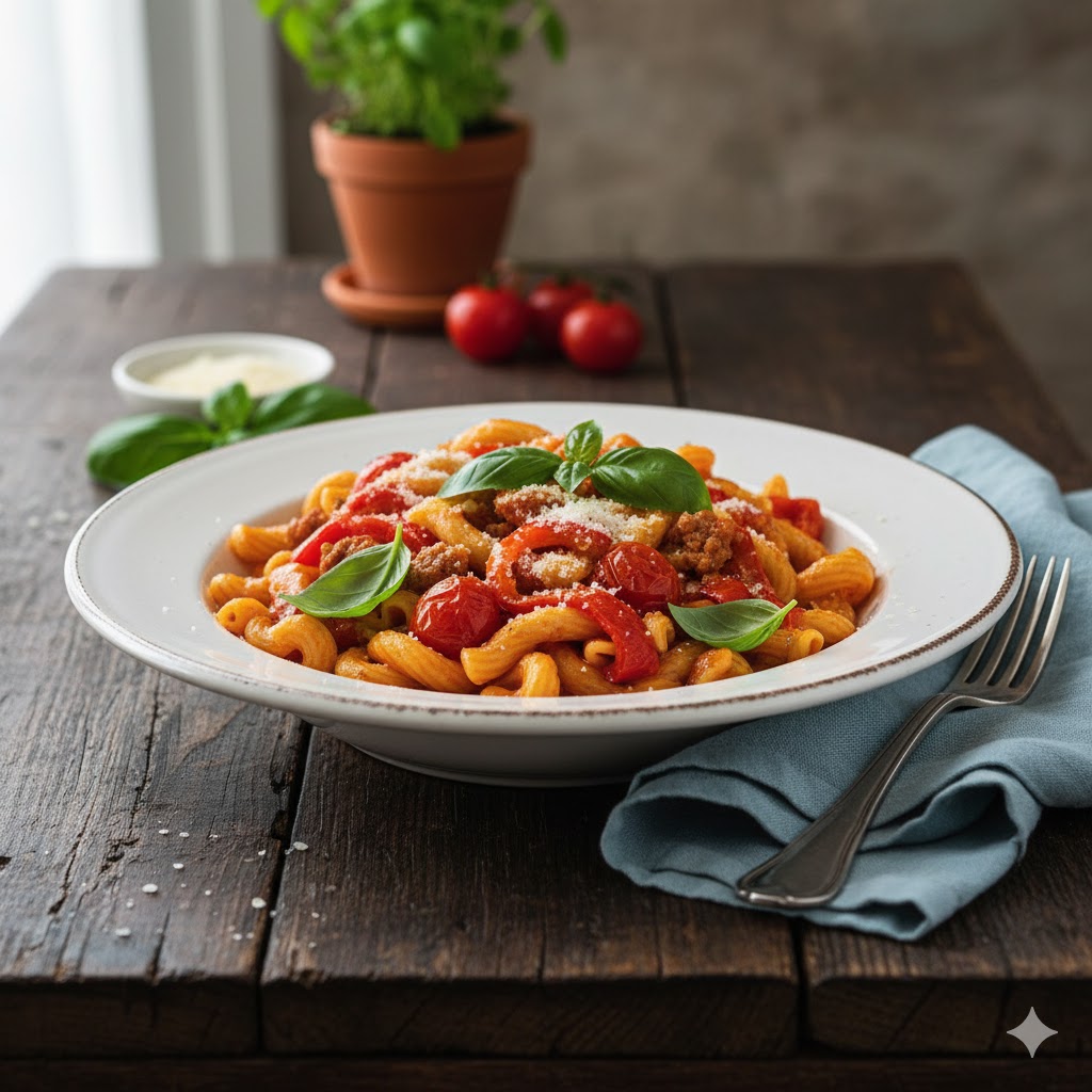 Close-up of trofie pasta with sautéed red, yellow, and green bell peppers, garnished with fresh basil and Parmesan.