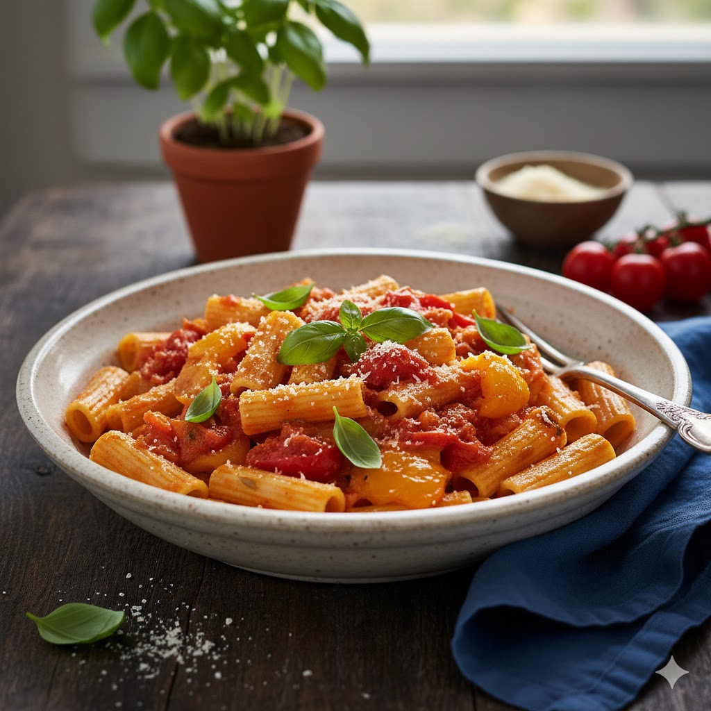 Homemade pasta ai peperoni with tender bell peppers and a sprinkle of Parmesan cheese.