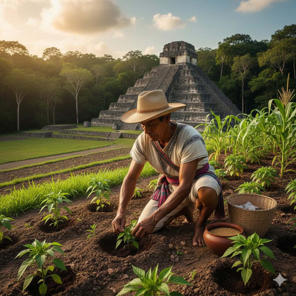 Mayan farmer planting bell peppers in ancient Central American fields, traditional cultivation of Capsicum in pre-Columbian agriculture.”