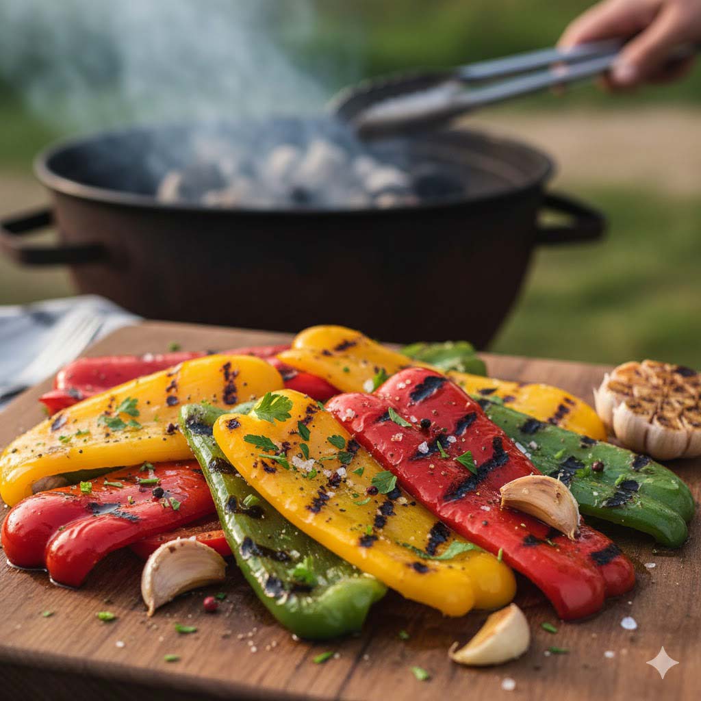 Close-up of grilled bell peppers with charred skin, vibrant red, yellow, and green colors, served as a healthy and flavorful side dish